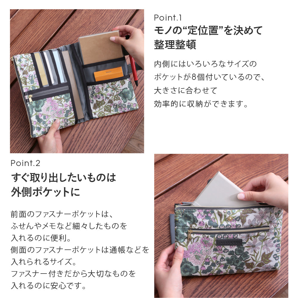 リバティプリント 手帳型マルチポーチ #187a Ianthe（アイアンシ）　ブラック