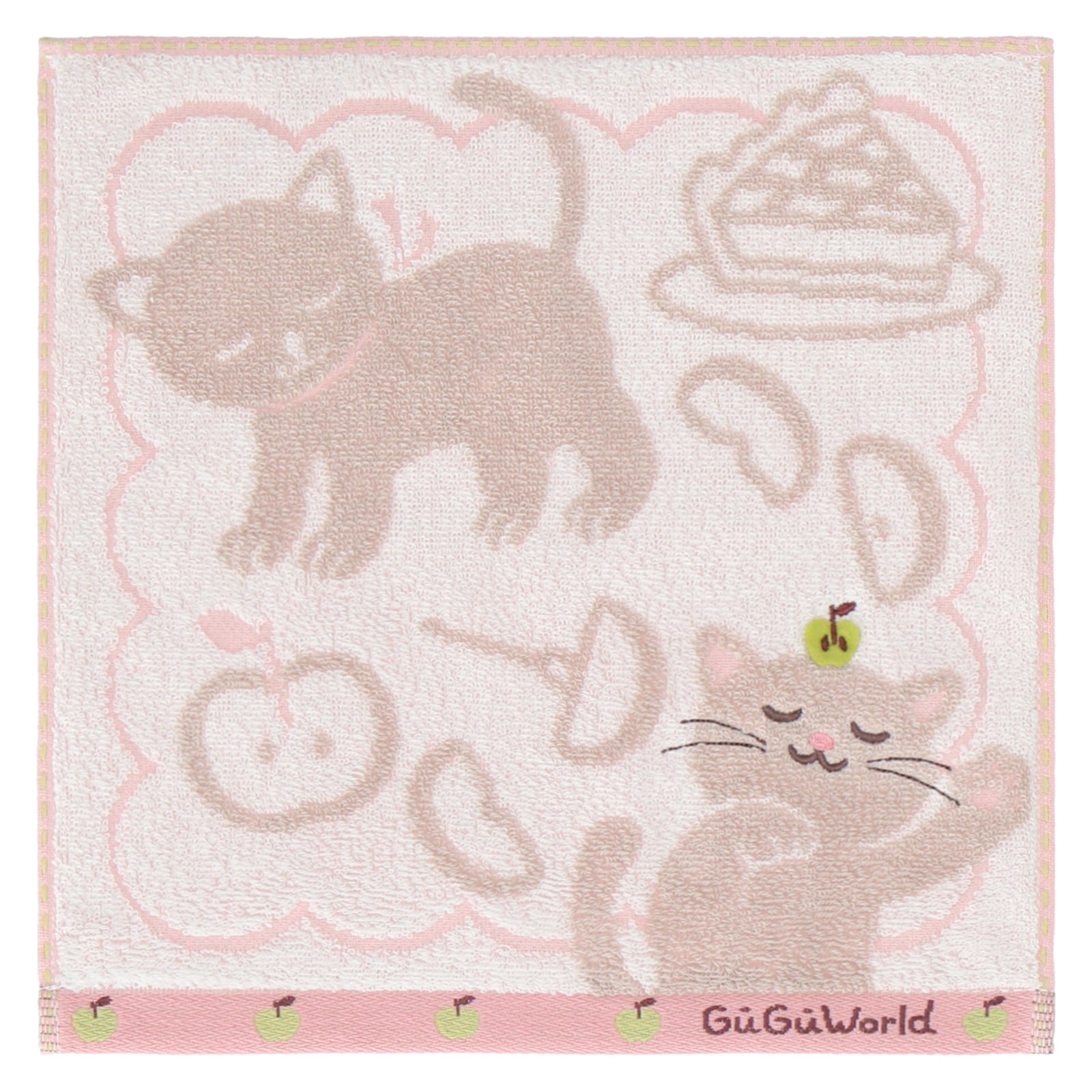 婦人タオルハンカチ ねこ＆りんご　アイボリー