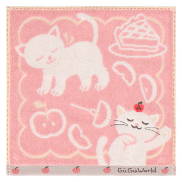 婦人タオルハンカチ ねこ＆りんご　ピンク