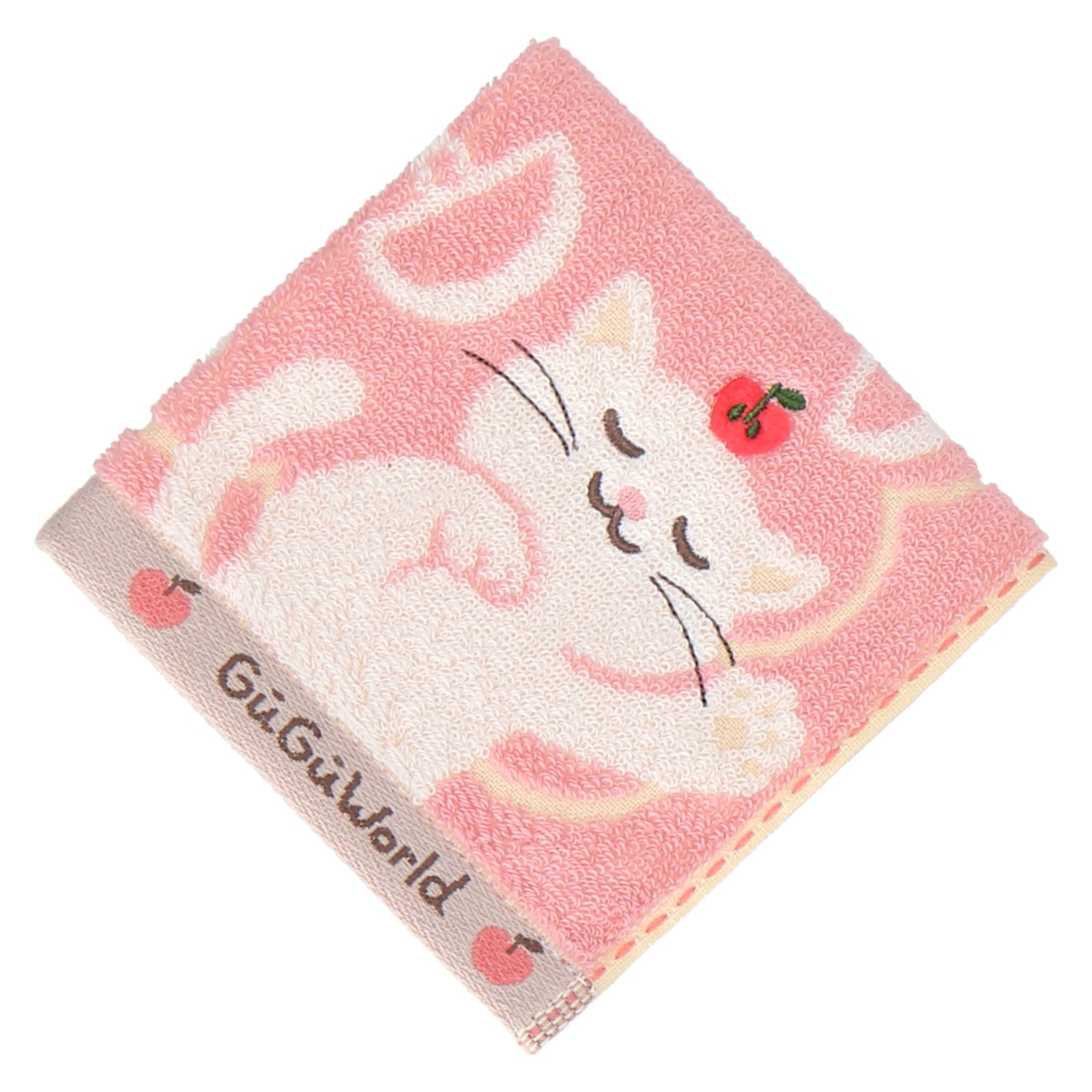 婦人タオルハンカチ ねこ＆りんご　ピンク