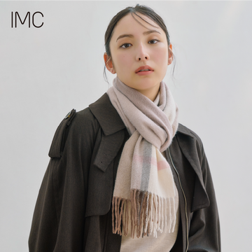 カシミヤ100% マフラー チェック柄　ラインベージュ