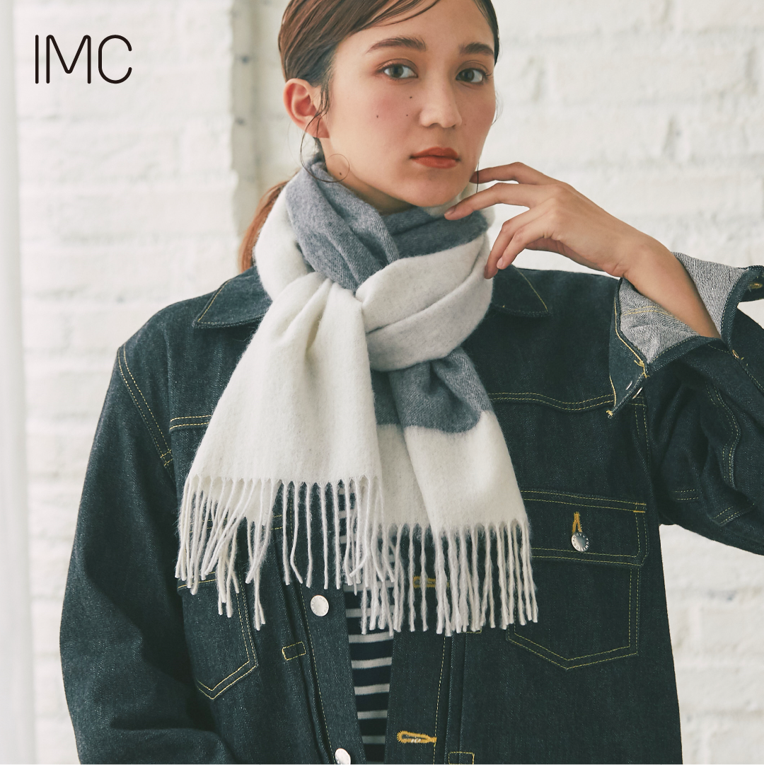 カシミヤ100% マフラー チェック柄　ブロックグレー