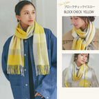 カシミヤ100％チェックマフラー　ブロックチェックイエロー