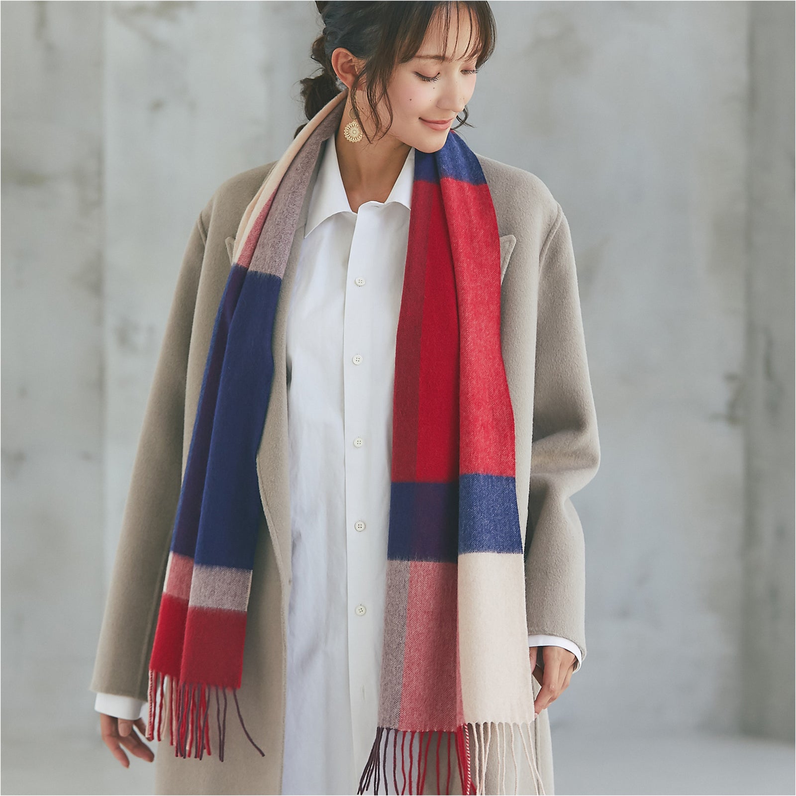カシミヤ100％チェックマフラー　ブロックチェックレッド