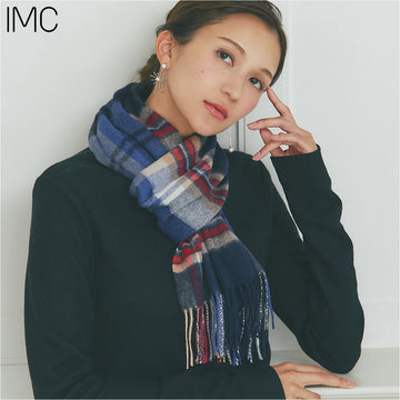 カシミヤ100％チェックマフラー　チェックネイビー
