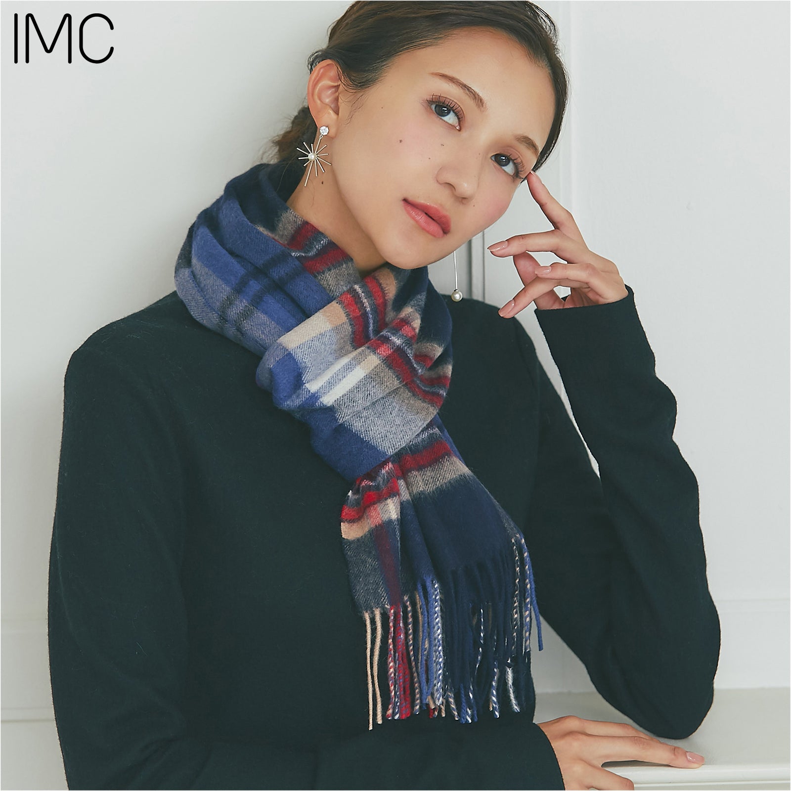 カシミヤ100％チェックマフラー　チェックネイビー