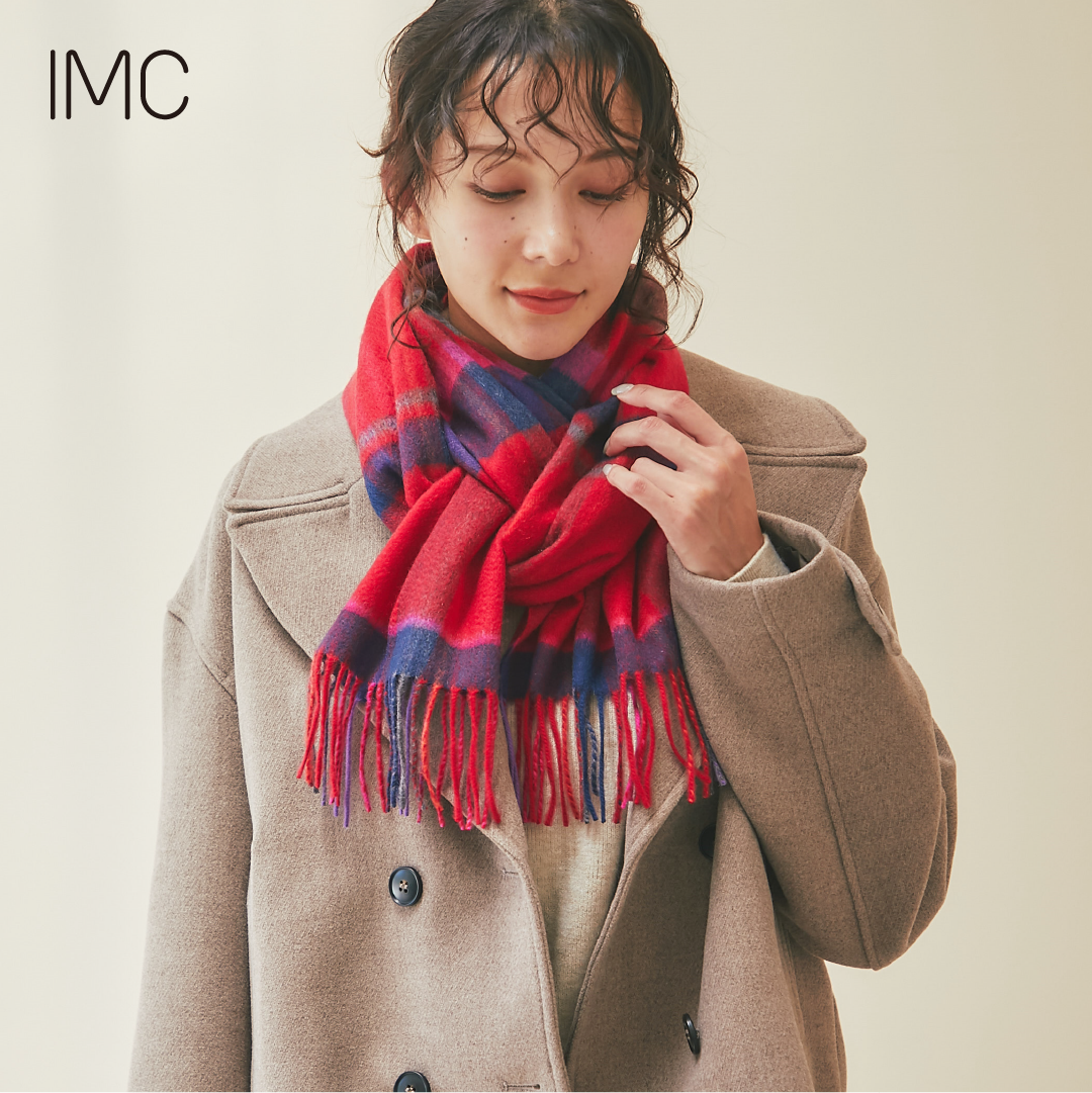 カシミヤ100％ マフラー チェック柄　モダンチェックレッド